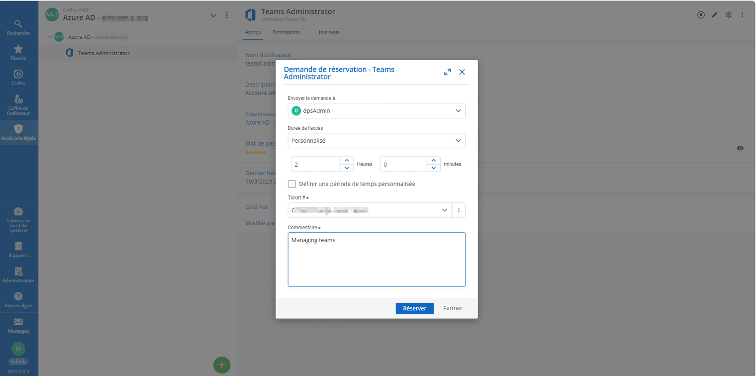 Fenêtre de réservation du compte