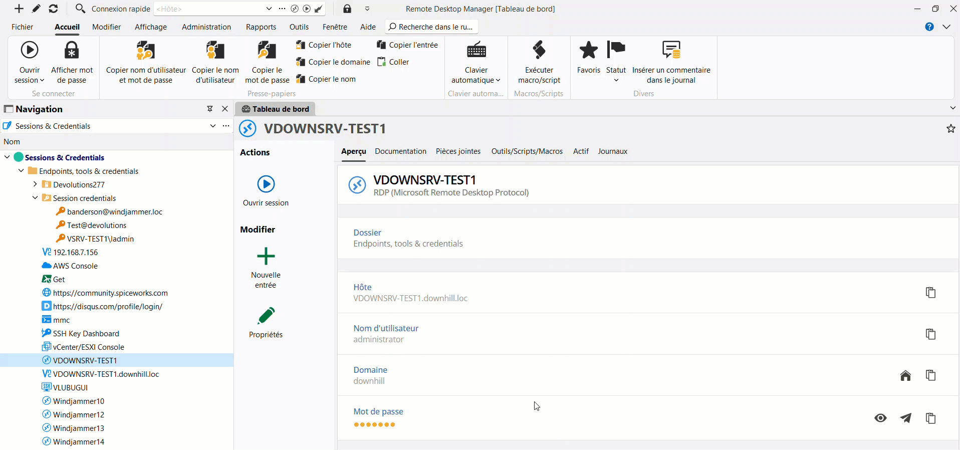 Gestion des informations d’identification avec affichage des entrées et liens de session