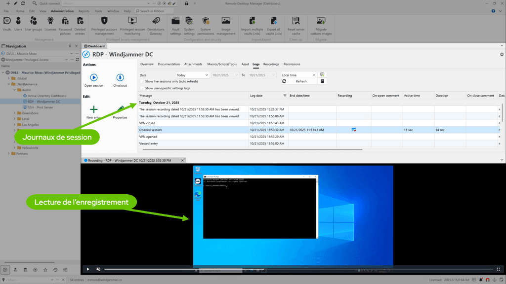 Journaux de session et lecture de l’enregistrement dans rdm