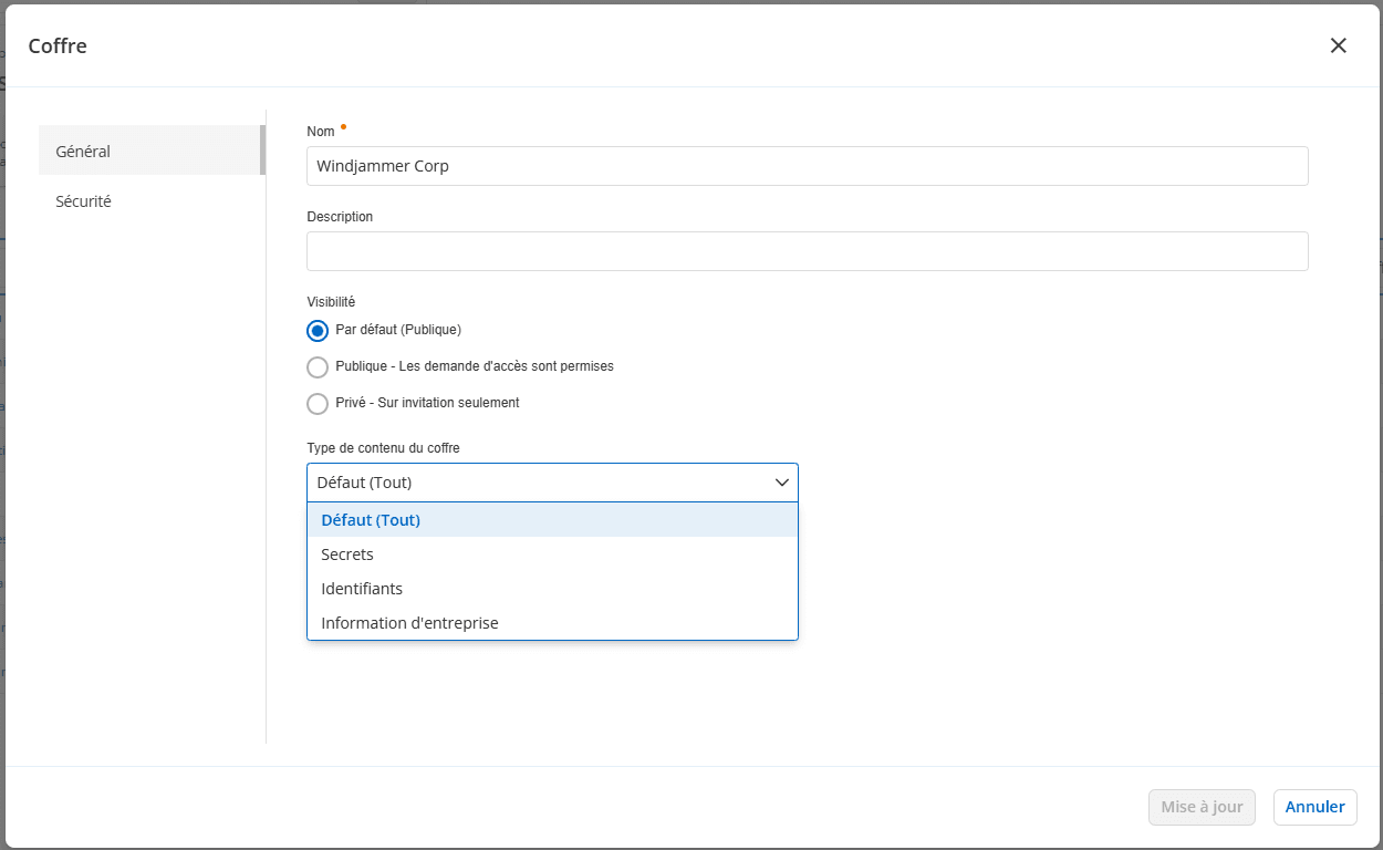Modifier le type de contenu du coffre