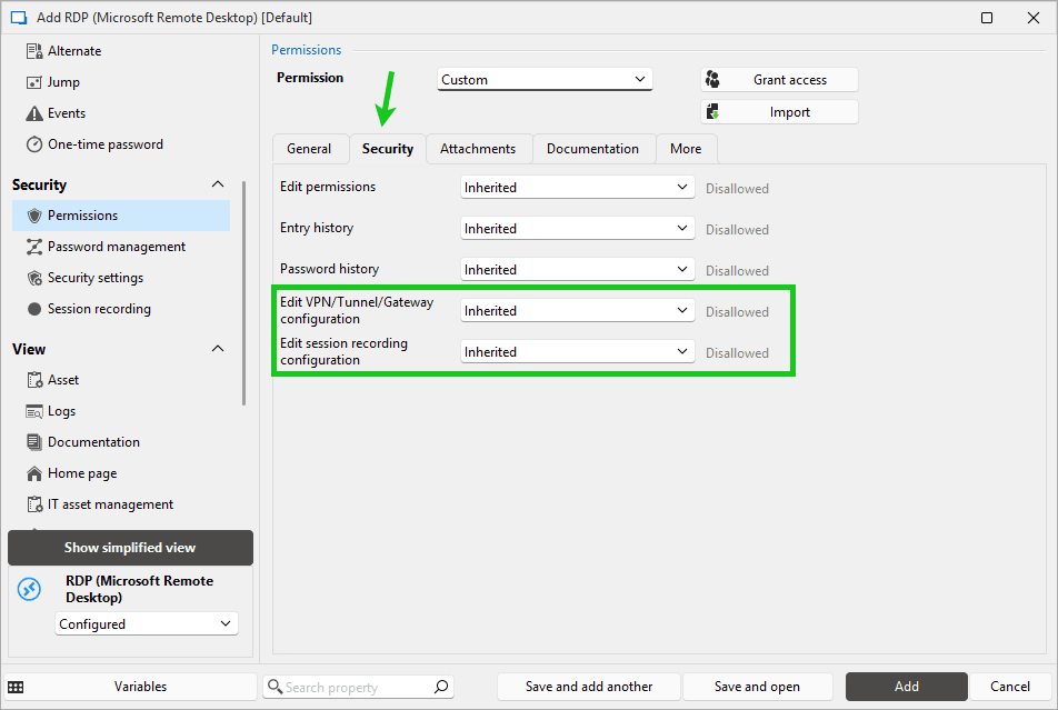 New entry permissions for vpn and recording settings
