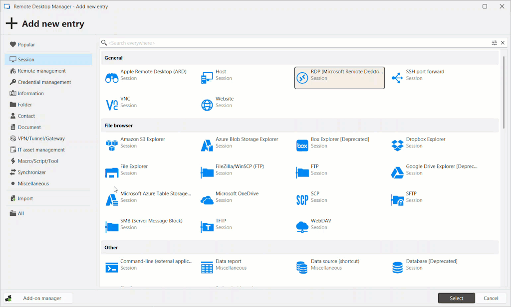 New session creation showing protocol selection