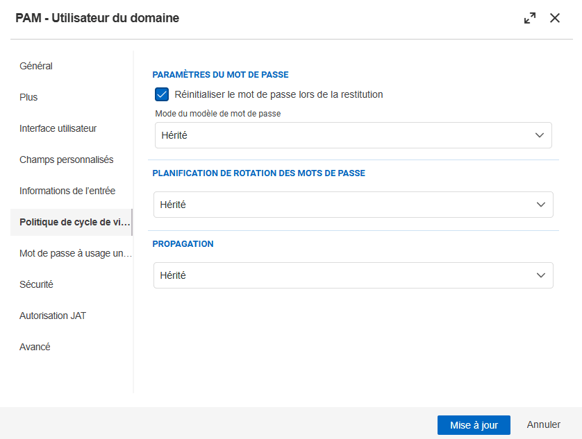 Nouvelle section de stratégie de cycle de vie des comptes regroupant les sections