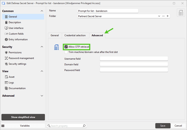 OTP support for Delinea Secret Server credential entries