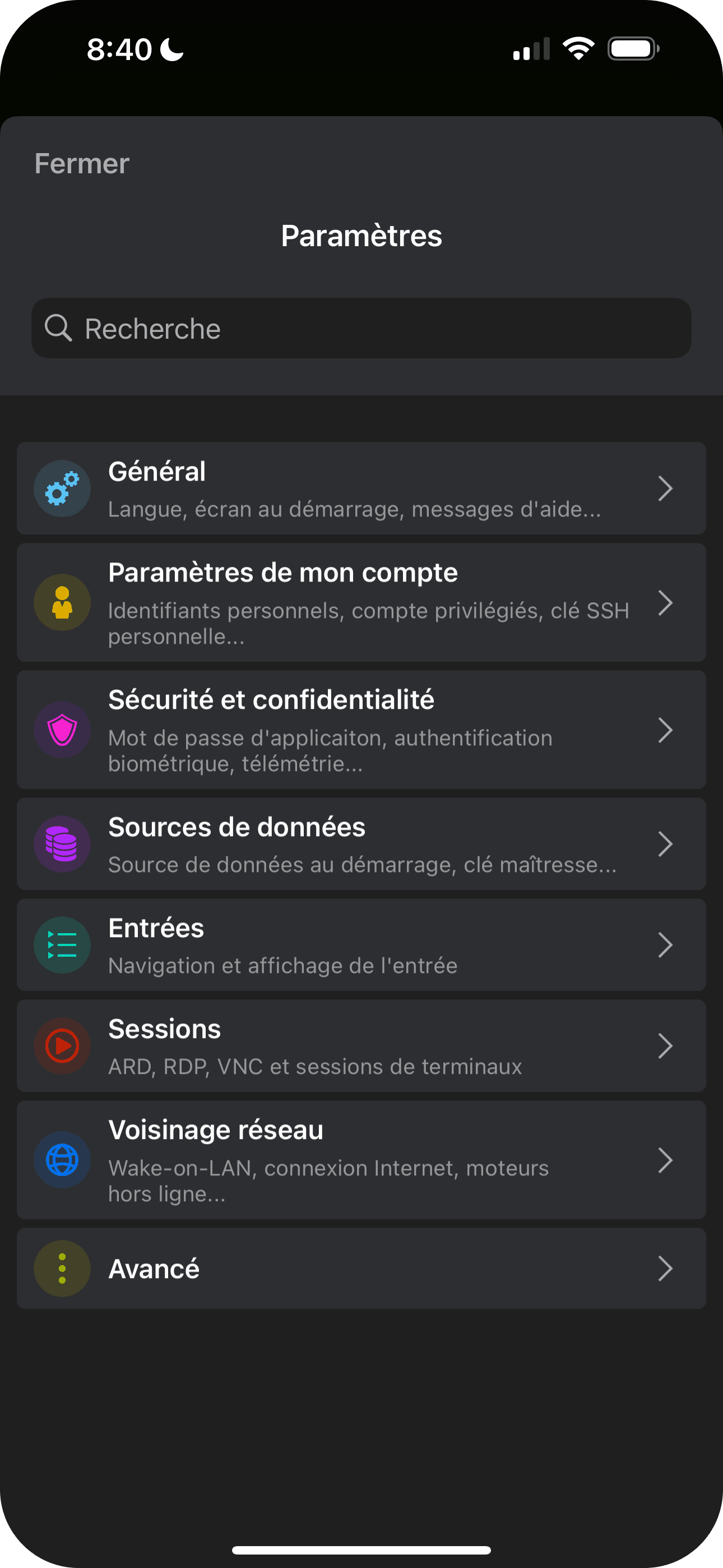 Options améliorées et recherche dans les paramètres