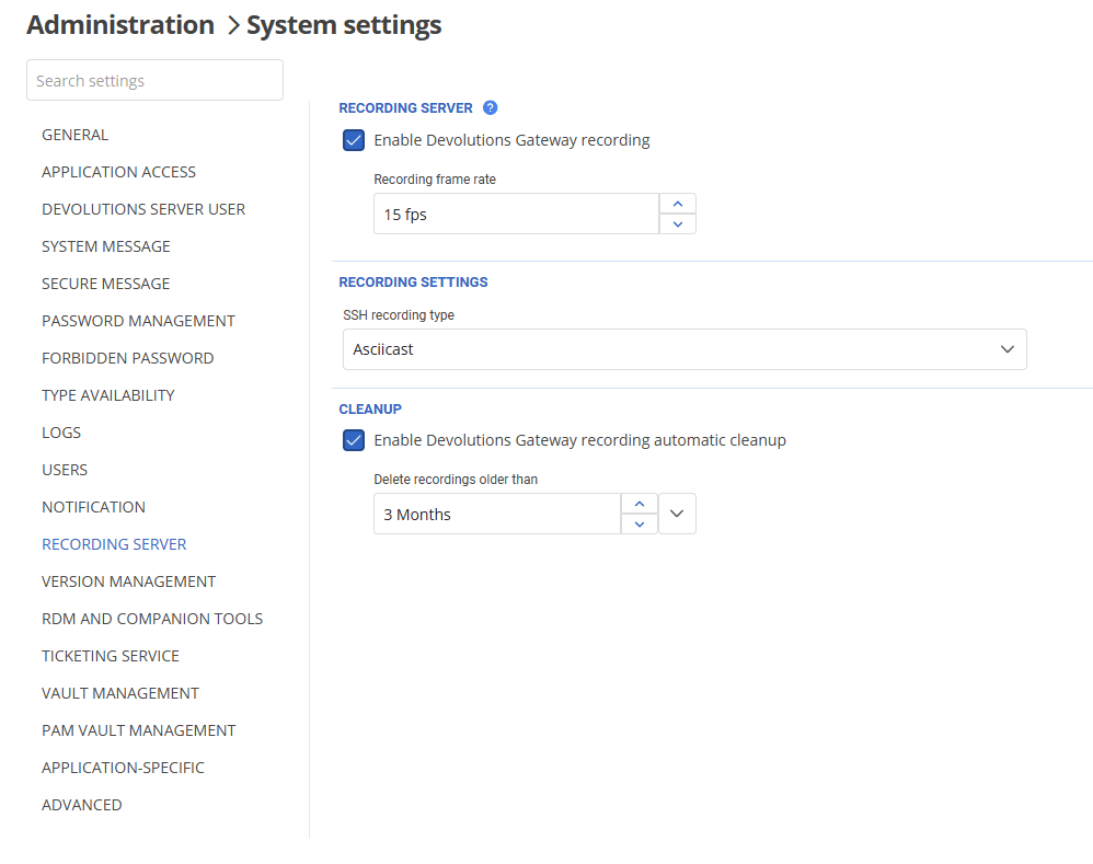 Override recording settings at the DVLS server for RDM