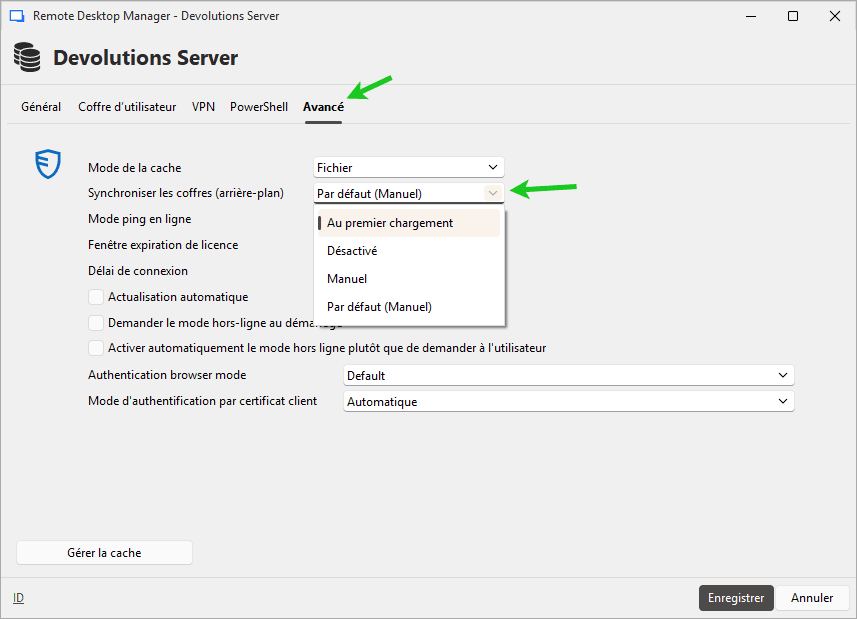 Paramètres avancés de la source de données