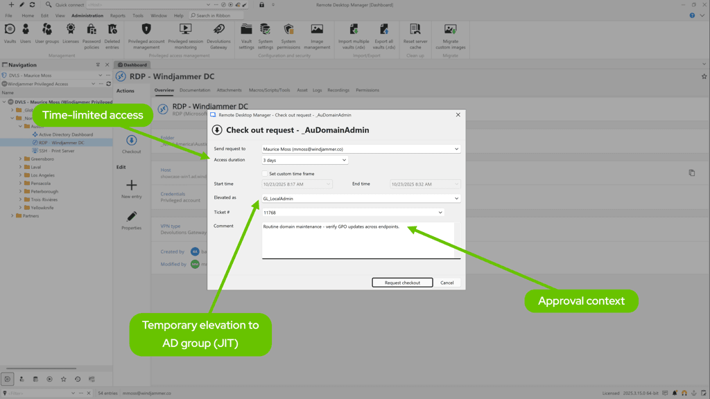 Privileged account checkout request with Just-in-Time elevation