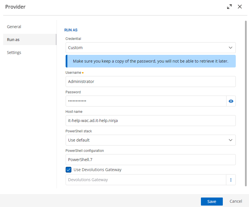 Remotely running a custom PAM provider via winrm and over a Devolutions Gateway instance