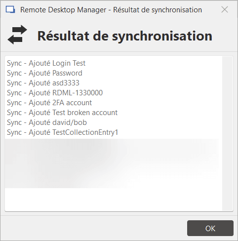 Résultat de la synchronisation Bitwarden
