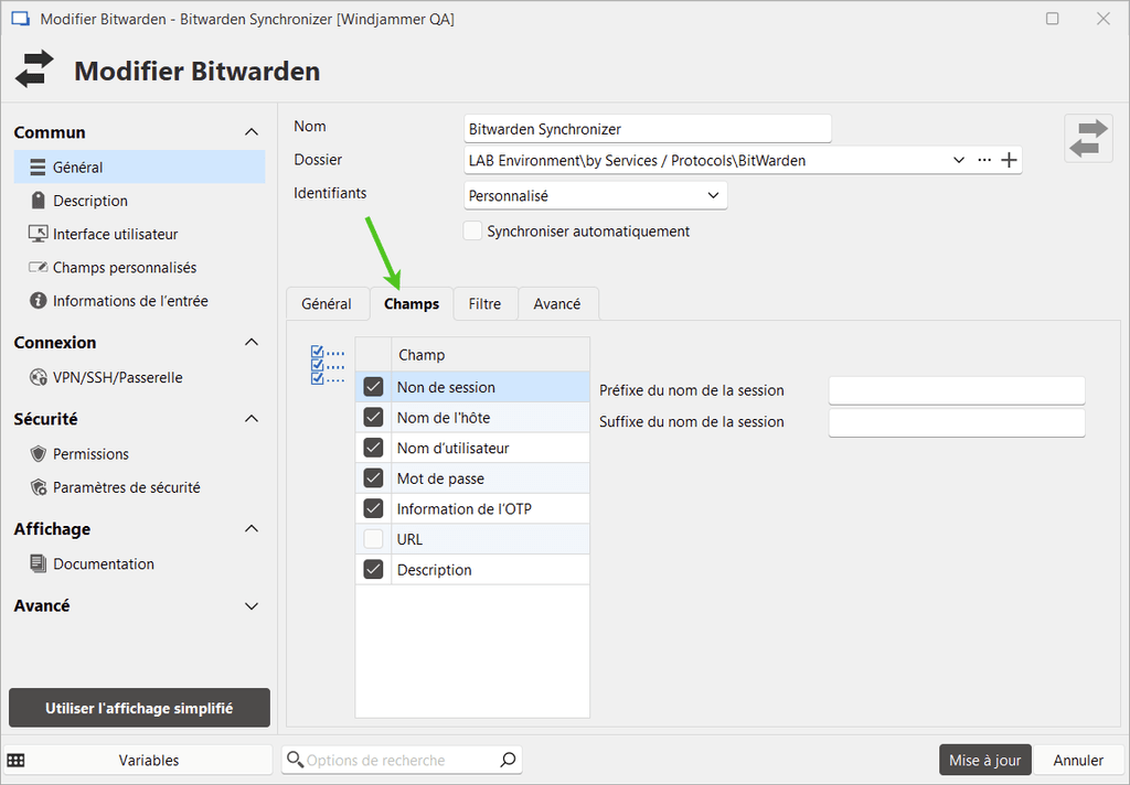 Sélectionner les champs à synchroniser