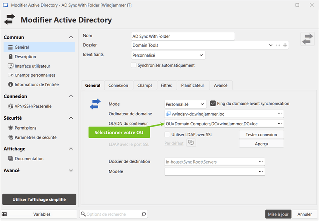 Wählen Sie Ihre OUs aus, mit denen RDM synchronisiert werden soll