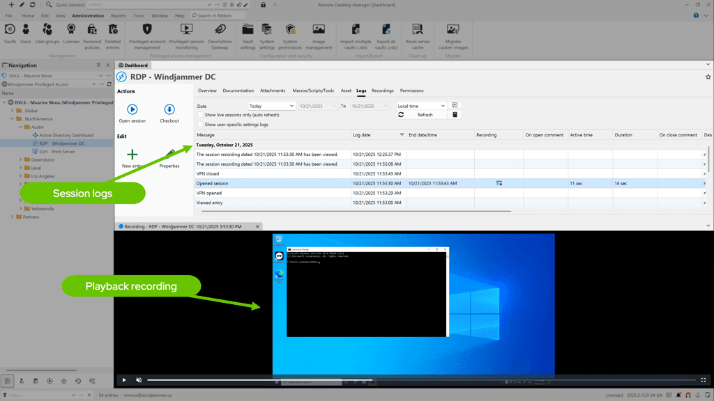 Session logs and recording playback