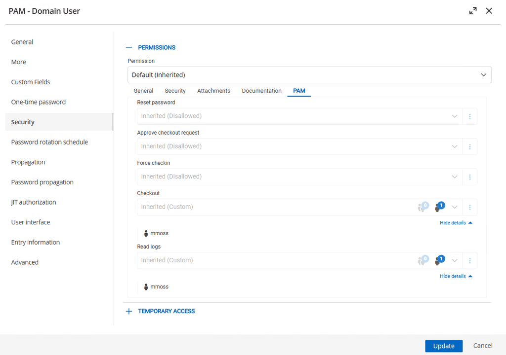 Set PAM-specific permissions for vaults, folders, and entries