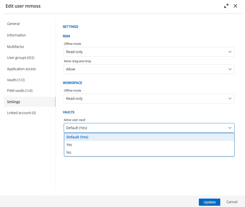 Setting user vault availability for each user