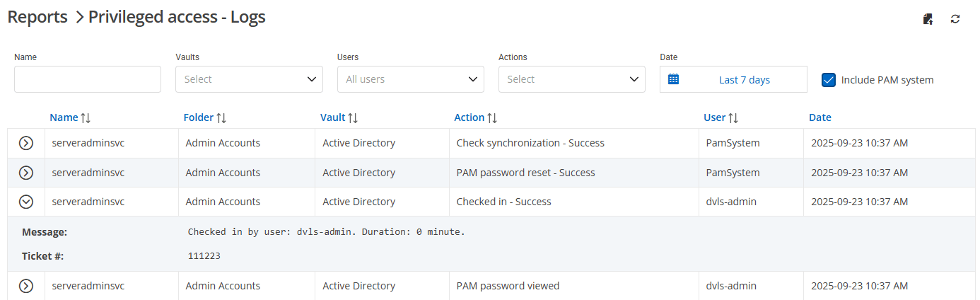 Showing the ticket number entered for a PAM checkout