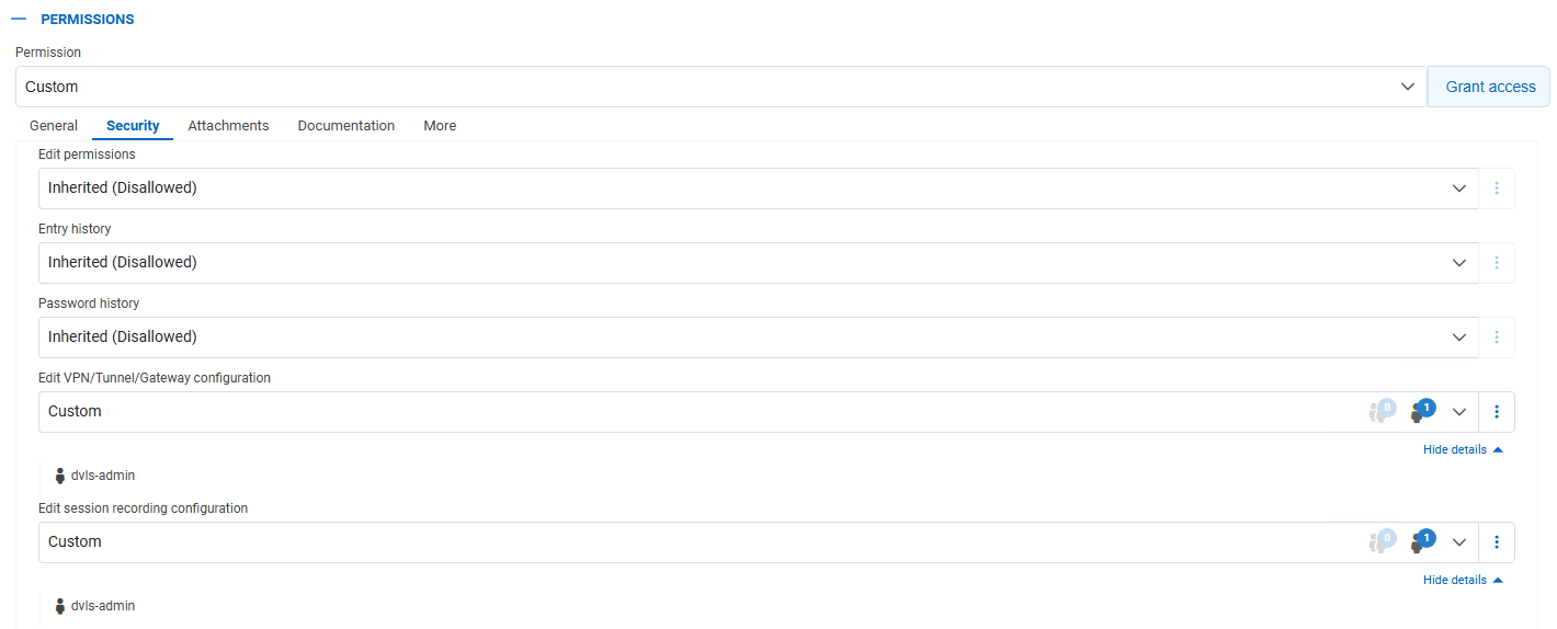 Specific permission support for restricting VPN-SSH-Gateway and session recording sections