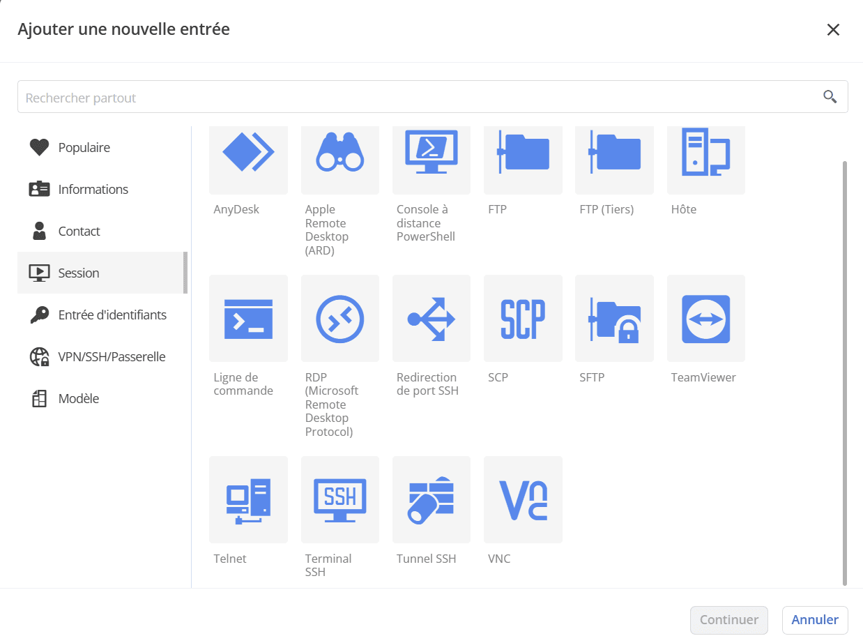 Types d’entrées de session
