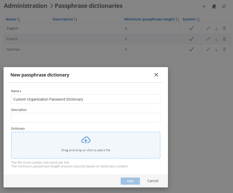 Uploading a custom passphrase dictionary