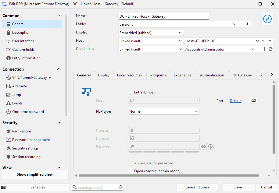 Using a linked host entry with an RDP protocol entry and Devolutions Gateway