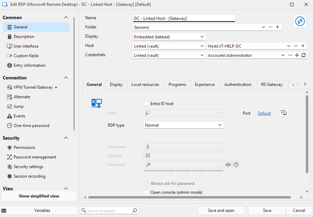 Using a linked host entry with an RDP protocol entry and Devolutions Gateway