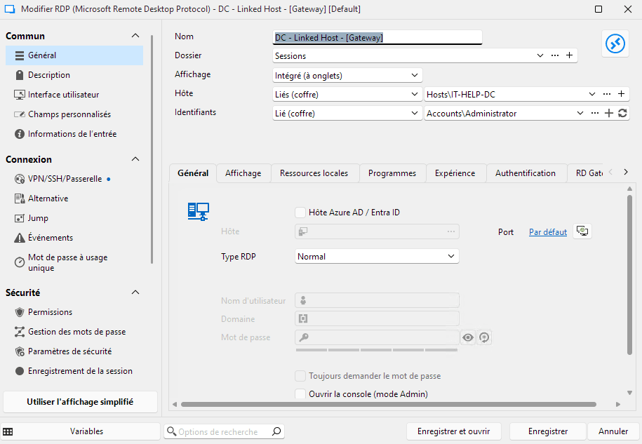 Utilisation d’une entrée d’hôte liée avec une entrée de protocole RDP et Devolutions Gateway