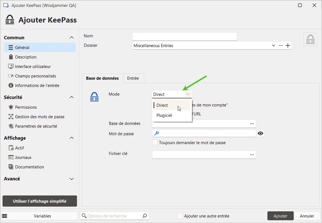 Utilisez le mode direct pour exploiter les fichiers KeePassXC
