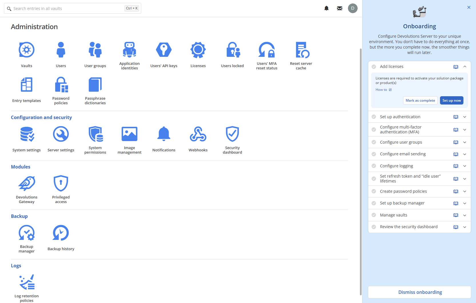 Viewing the DVLS onboarding