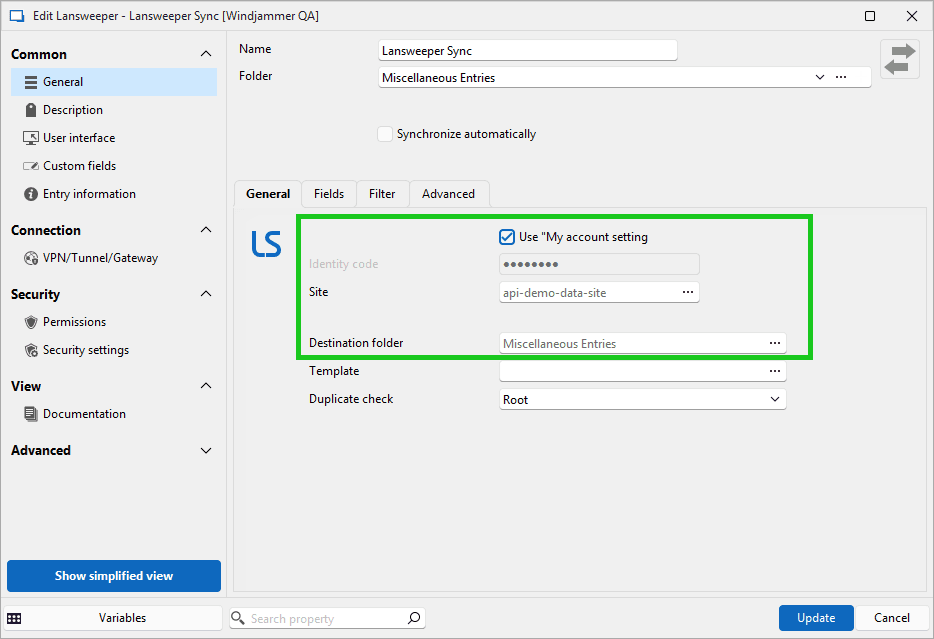 Einstellungen des Lansweeper-Synchronizers