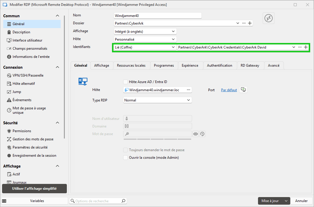 Lier la session RDP à l’entrée CyberArk PVWA