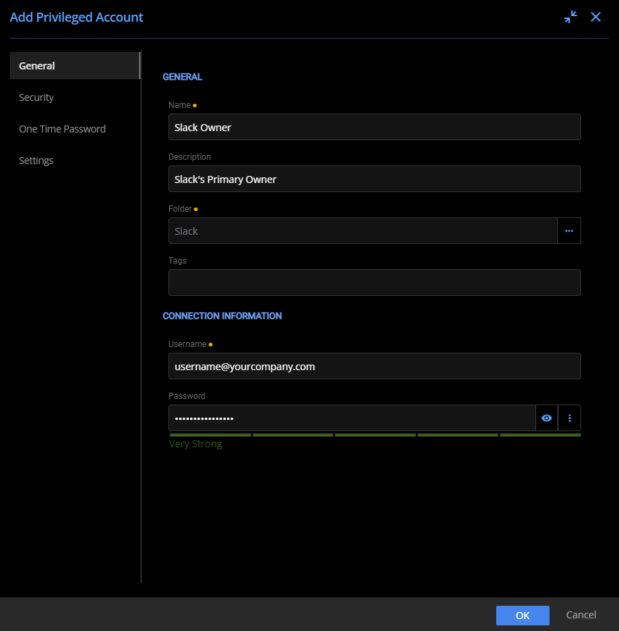 Configuring the General properties of the Standalone Slack account