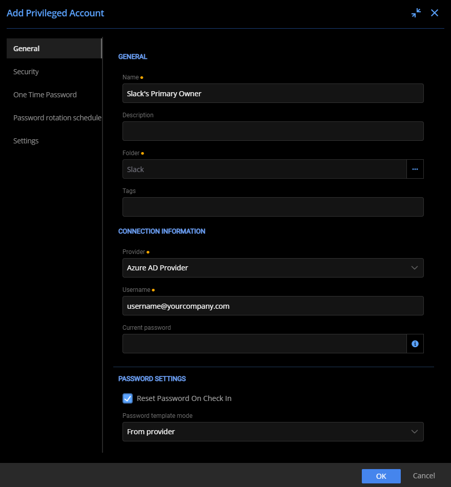 Configuring the General properties of the Microsoft Azure AD integrated Slack account