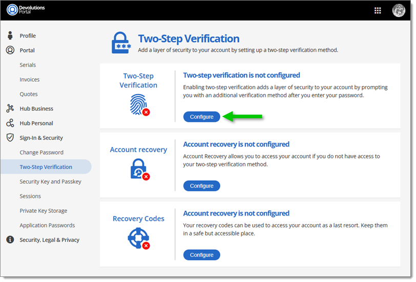 Configure two-step verification