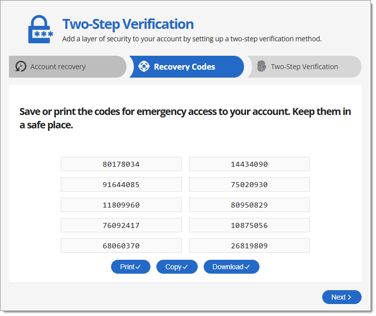 Download, copy, and/or print the recovery codes