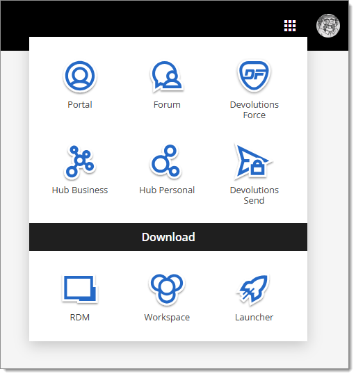 Devolutions Cloud services menu