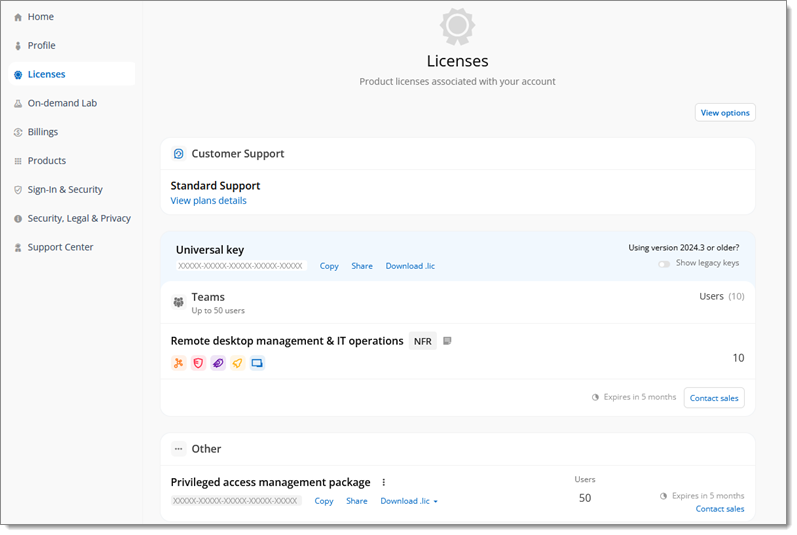 The Licenses section of the Devolutions Portal