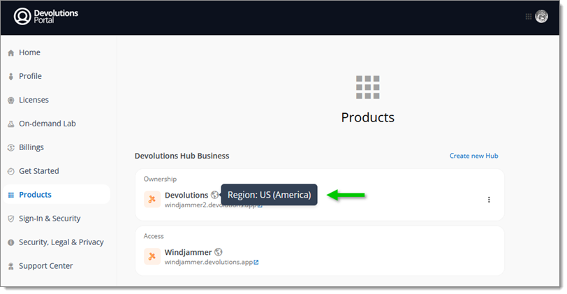Hosting region in the Devolutions Portal