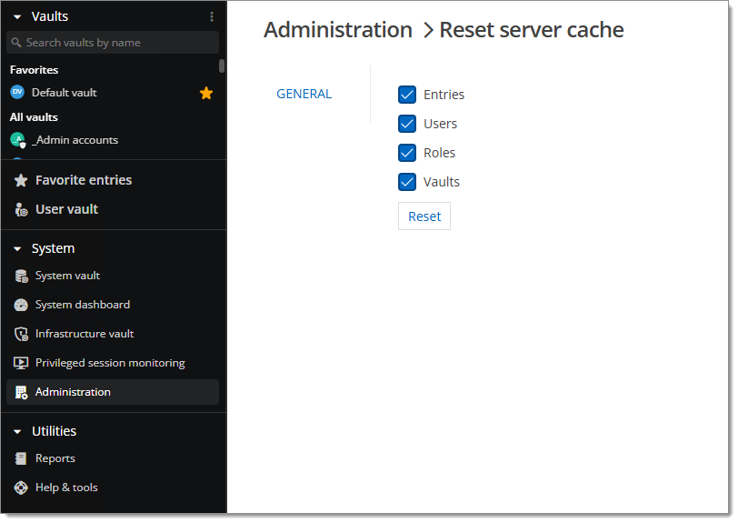 Administration – Réinitialiser le cache du serveur