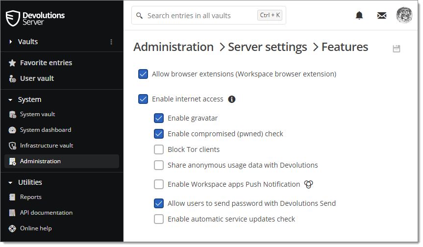 Administration – Server settings – Features