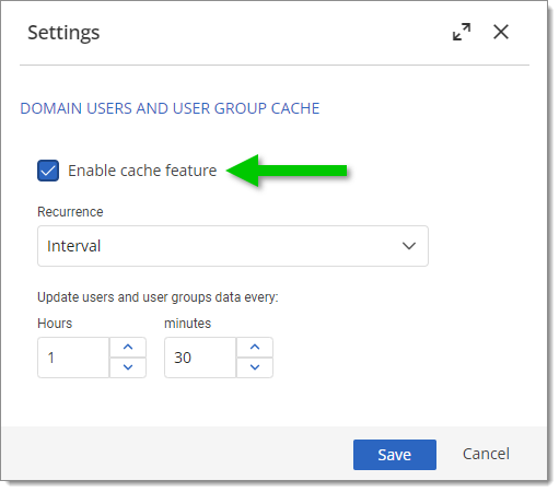 Administration – Server Settings – Authentication – Domain – Settings – Enable cache feature