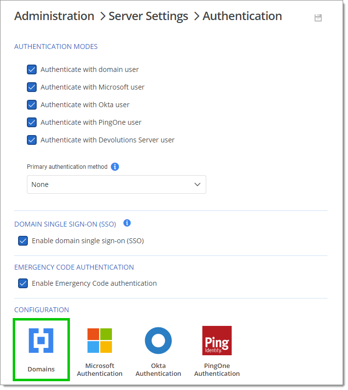 Administration – Server settings – Authentication – Domains