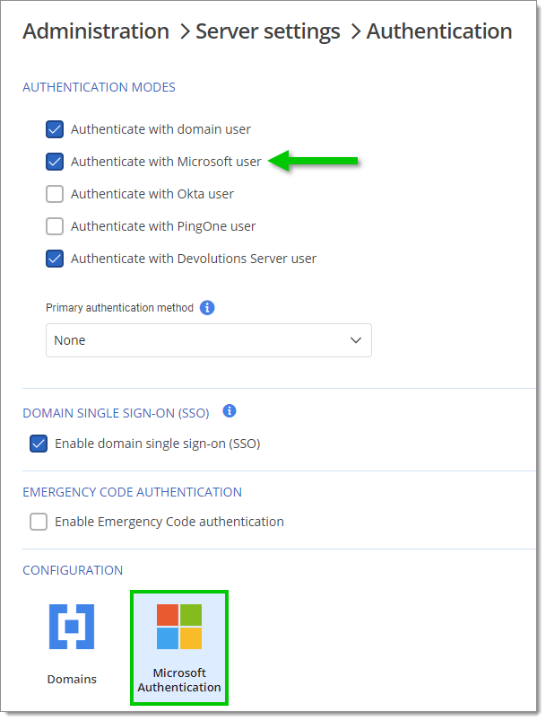 Administration – Server settings – Authentication – Microsoft authentication