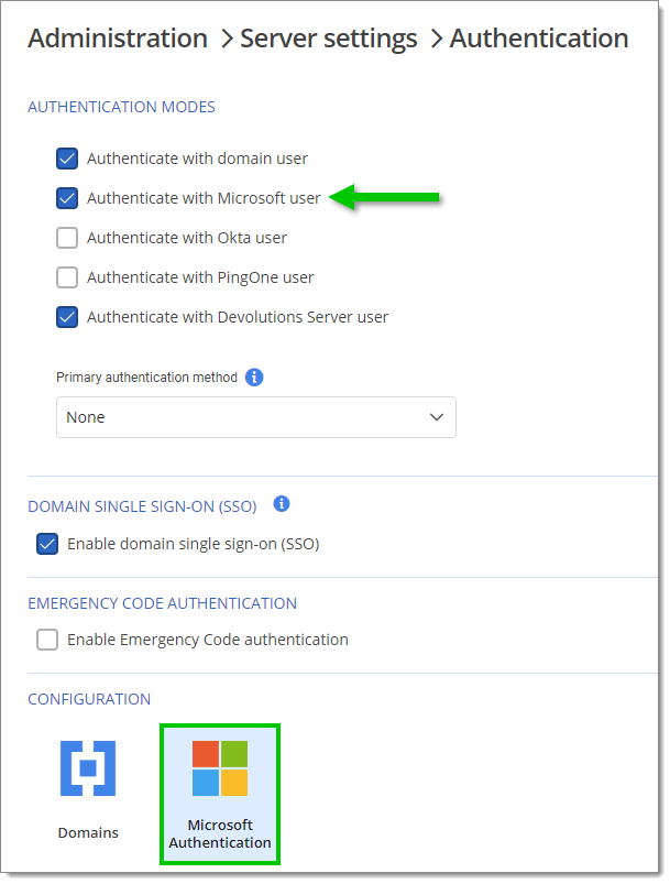 Administration – Paramètres du serveur – Authentification – Authentification Microsoft