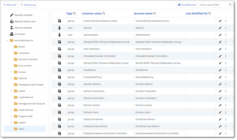 Active Directory dashboard entry interface