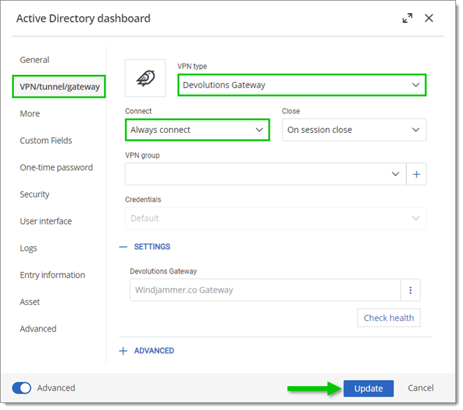 VPN/tunnel/gateway properties