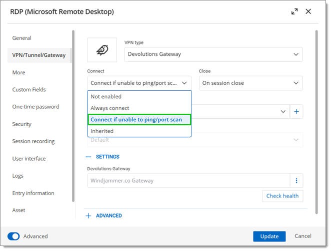 VPN/Tunnel/Gateway – Connect – Connect if unable to ping/port scan