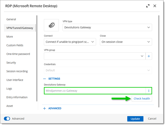 VPN/Tunnel/Gateway – Settings – Check health