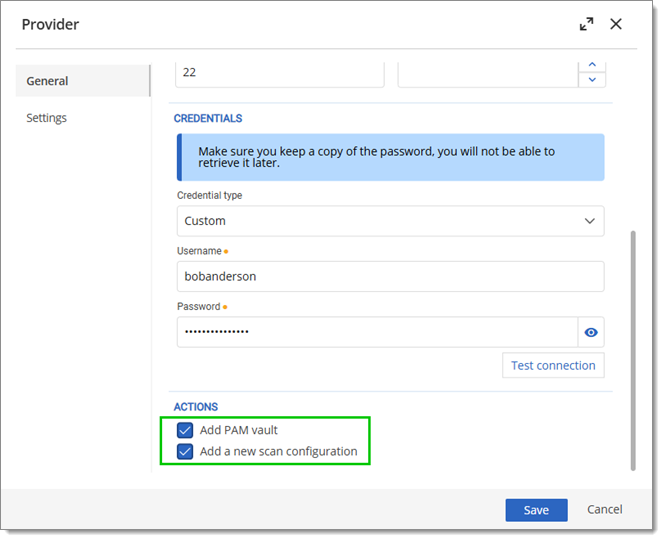 Enter credentials and check options to add PAM vault and scan configuration