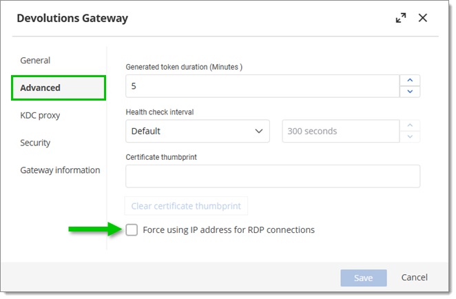 Uncheck the Force using IP address for RDP connections option