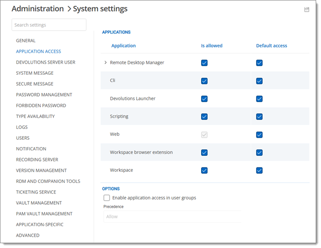 Administration – System settings – Application access